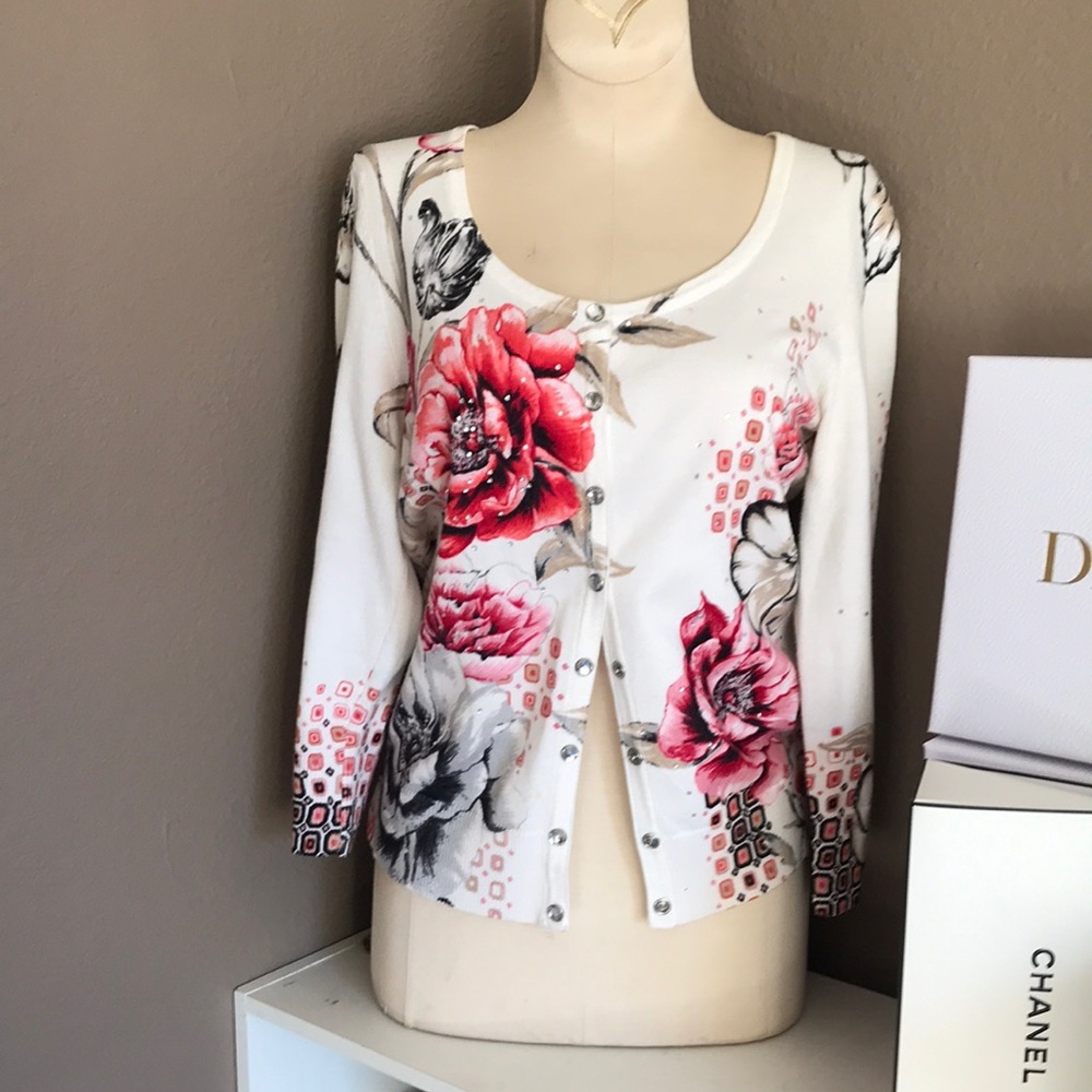 White House black market floral and rhinestone cardigan